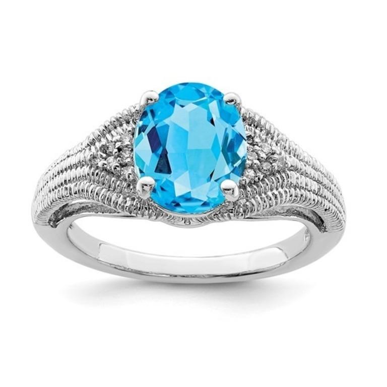Sterling Silver Oval Blue Topaz Diamond Ring