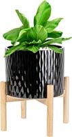 8 Inch LaDoVita Ceramic Plant Pot with Wood Stand