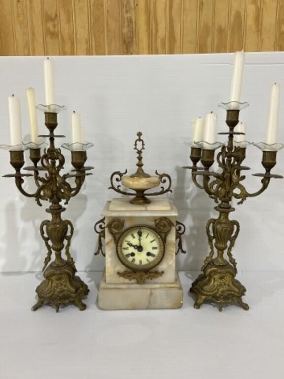 3-Piece 1930's Clock Set, Marble Clock with