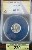 1939  Mercury Dime MS - 63 ANACS