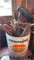 Bucket of Assorted Hand Tools, Saw, Sickles, etc.