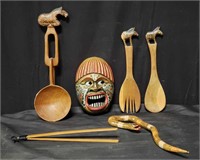 Group of assorted hand carved wood items -