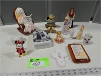 Figurines, music box, coin bank, small vase and mo