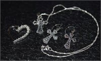 Sterling Silver Heart Pendant w/ White Stones and