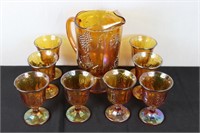 Grape Pattern Carnival Glass Water Set in Amber w/