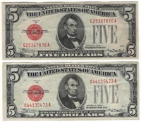 (2) 1928 $5 Red Seal Legal Tender U.S. Notes