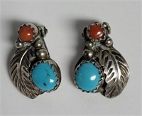 Vintage Sterling Turquoise Coral Clip Earrings