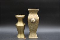 2 Vtg. Chinese Etched Brass Foo Dog Vases