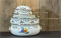 VINTAGE PORCELAIN BRASS & ENAMEL COOKWARE SET