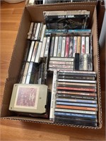 Various 8 tracks, cassettes, cds, & dvds