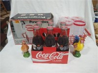 1995 Cal Ripkin Coke bottles,  2 ceramic chickens,