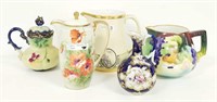 5 hand painted pitchers, chocolate pot, etc.