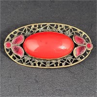 Red Czech Glass Enamel Brooch