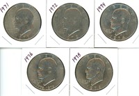 5 Eisenhower Dollars - 1971, 1972, 1974, 1976 &