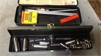 Socket set box & a shotgun cleaning kit, ratchet