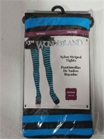 (N) Wonderland Women's Nylon striped tights. Blue.