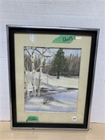 Framed Watercolour " Birches In Winter " Signed