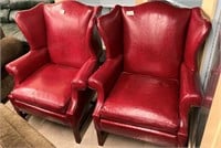 Pair Of Red Leather Wing Back Arm Chairs