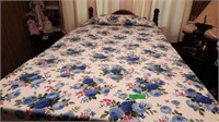 Vintage blue flower bedspread with pom poms 83x99