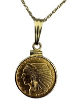 1929, $2.50 Indian Gold Coin, 14k Chain Necklace