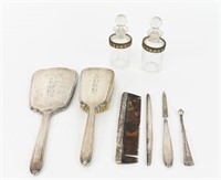 STERLING DRESSER SET & CRYSTAL PERFUME BOTTLES