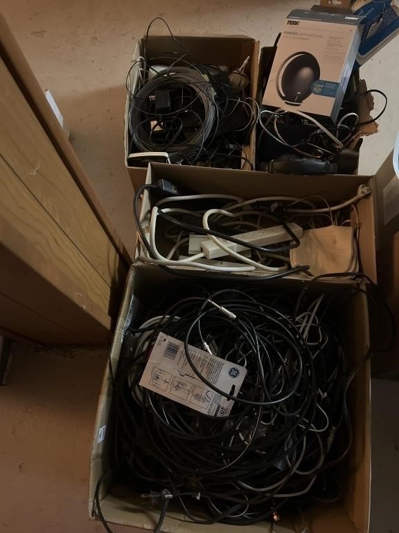 4 boxes electronic cords, & power cords