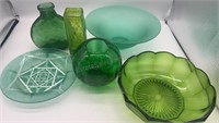 Green Glass Lot, Vases, Plate, Bowl