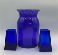 Blue Glass Vase & 2 Candle Holders