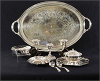 Silver Plate Tray, Candlebrae, Condiment Sets