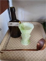 Vtg. Green Bottle, Bud Vase, Copper Ladle