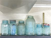 Group Of Six Aqua Blue Mason Jars