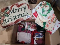 BOX OF CHRISTMAS- TOWELS, PILLOWS, ETC