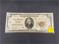 1929 Federal Bank of New York $20 note heavily cir