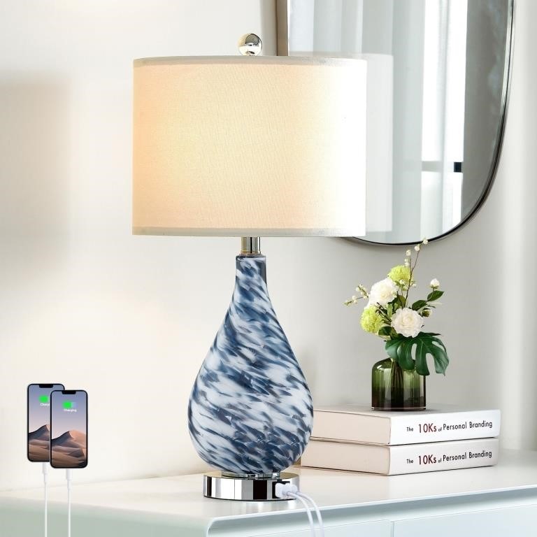 M574  Cinkeda Glass Table Lamp USB Port Blue