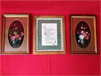 Two Floral Paintings and Framed "Footprints"