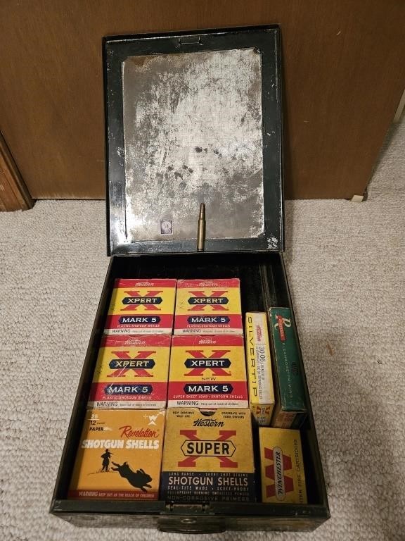 Ammo in metal box. 9 boxes of mixed sized shells.