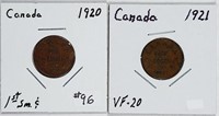 1920 & 1921  Canada  Small Cents  VF