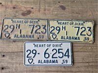 LOT OF 3 Vintage 1959 Alabama License Plates