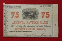 1861 Augusta, Ga 75 Cent Certificate of Deposit