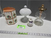 Oil lamp (no chimney); covered pedestal dish; must