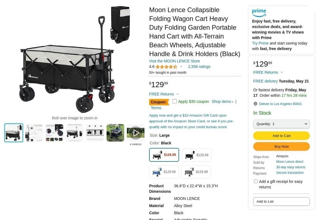 B424  Moon Lence Folding Wagon Cart, Large Black