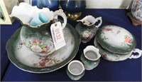 (7) Piece Green Floral Decorated Ironstone Wash