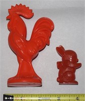 (2) Vtg Red Plastic Rattles: Knickerbocker Rooster