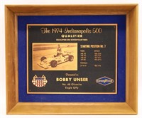 Bobby Unser's 1974 Indy 500 Qualifier Plaque