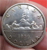 1959 Canada Silver One Dollar Canoe Coin OLD