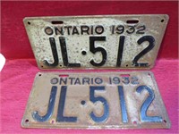 1932 Ontario Matching License Plates Cars Canada