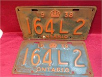 1938 Ontario Matching License Plates Cars Canada