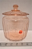 Pink depression glass lidded canister "Mayfair"