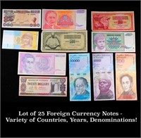 Lot of 25 Foreign Currency Notes - Variety of Coun