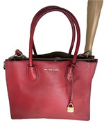 MK Red Flat Grain Leather Top Handle Tote Bag